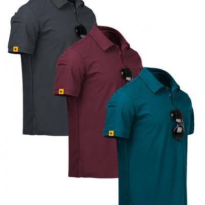 TEMU 3pcs Men's Shirts - Sporty & Casual Short Sleeve Golf & Tennis Tops, Beige/white/teal, Medium Stretch Fabric With Button-up Collar, Regular Fit For Spring/fall Image