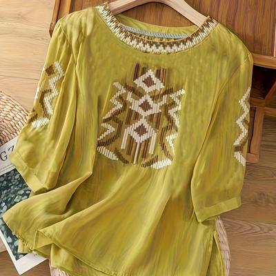 TEMU Fashionable Embroidered -linen Short-sleeve Shirt For Women, Loose And Flattering With A Round Neck, Spring, Autumn, And Summer. Image