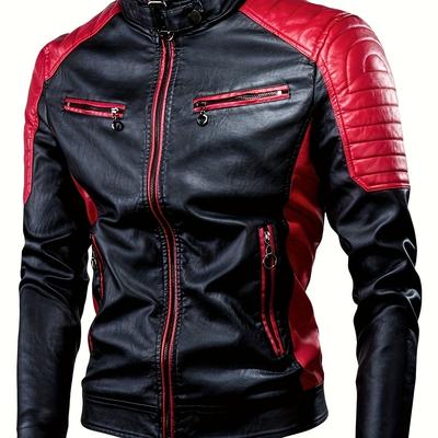 TEMU 2025 's Motorcycle Jacket - Contrast Stand Collar, Zippered Long Sleeves, Multiple Pockets, Casual Biker Coat For Urban Commuting & Leisure Riding Image