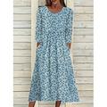 Robe midi pour femme Robe A Line Robe T-shirt Robe Tee Robe d'été Bohème Vacances Vintage Ajustement régulier Imprimé floral Imprimé floral court Manches courtes Col rond Bleu marine Bleu clair Été