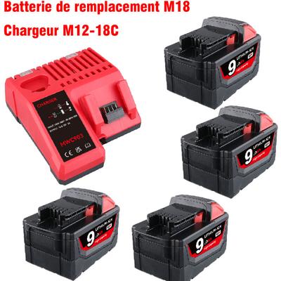 4er-Pack 9,0 Ah Ersatzakkus für Milwaukee M18 Lithium-Ionen-Akku und Ladegerät-Set, kompatibel mit Image