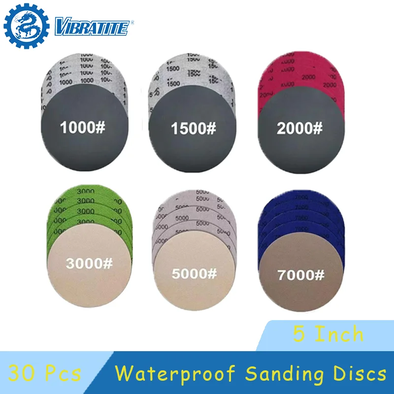 5 Zoll wasserdichte Schleifscheibe, 125 mm, sortiert, Körnung 1000–7000, 30 Stück, Klettverschluss-Siliziumkarbid-Schleifpapier zum Polieren und Schleifen Image