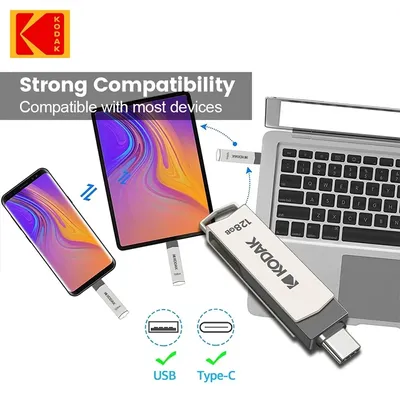 Kodak USB 3.2 Typ C USB-Flash-Laufwerk 128 GB 64 GB 32 GB 256 GB Pendrive 2 in 1 Metall-U-Disk für Schlüssel Smartphone Laptop Desktop PC Image