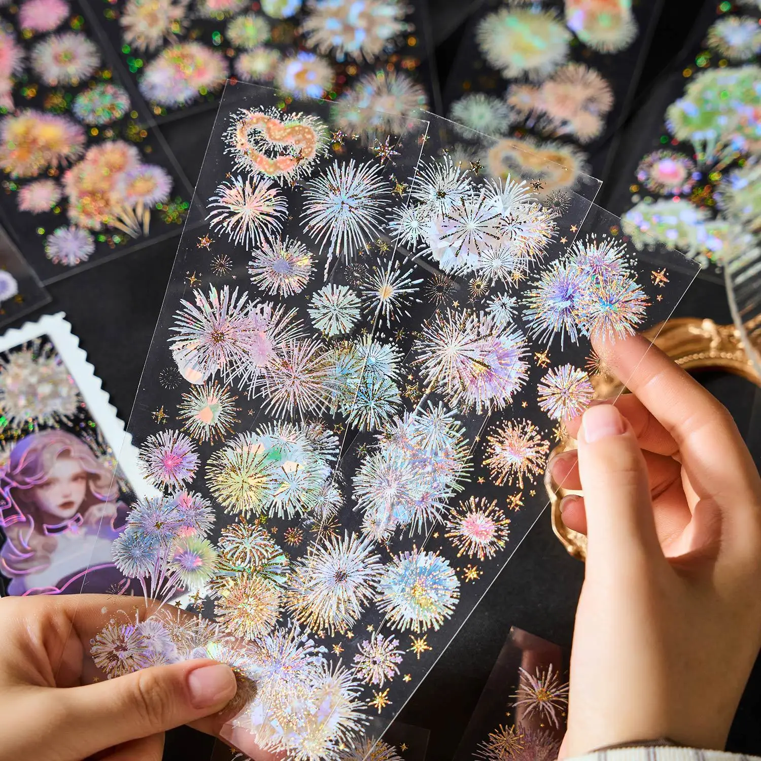 3 Blatt langes Feuerwerk, flache PET-Aufkleber, selbstklebende Diy-Stick-Etiketten, dekoratives Tagebuch, Album, Scrapbooking-Material Image