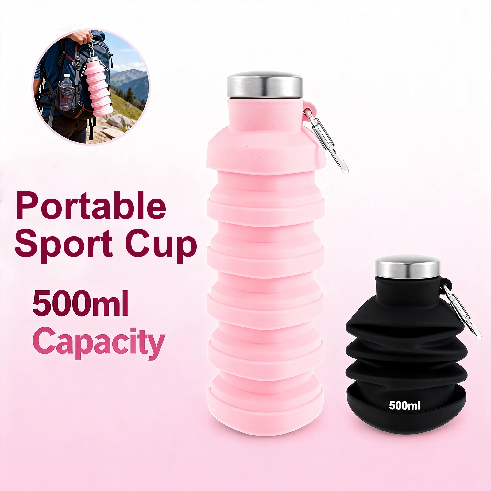 2 Stück zusammenklappbare Silikon-Wasserflasche mit Verschlüssen, 500 ml, tragbare Sportflasche, auslaufsicher, für Outdoor-Reisen, Wanderungen, Sport-Wasserbecher Image