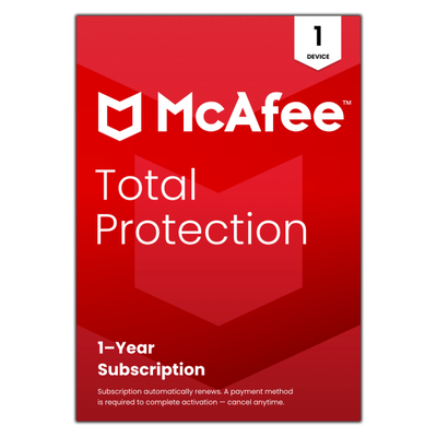 Mcafee Total Protection Antivirus & Internet Security Software, For 1 Device, 1-Year Subscription With Auto-Renewal, For Windows, Macos, Ios, Android, Chromeos, Product Key, Mtp41Eod1Raam