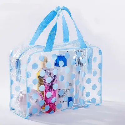Wasserdichter, transparenter Reise-Kulturbeutel aus PVC. Tragbare Make-up-Tasche mit großem Fassungsvermögen. Modische runde gepunktete Damen-Aufbewahrungstasche