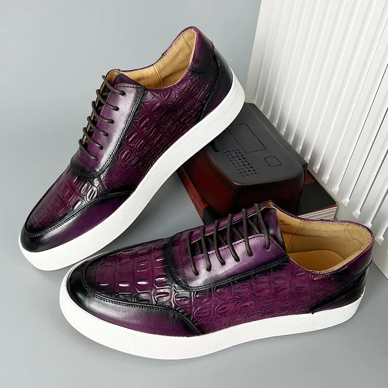 Neueste 2023 Frühjahr Männer Echtes Leder Casual Sneakers Lace Up Handgemachte Krokodil Design Männer Täglichen Leder Schuhe Lila