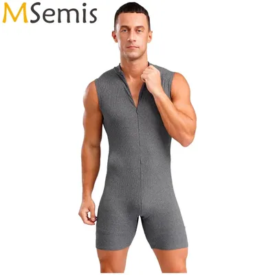 Solider einteiliger Pyjama-Strampler für Herren, Nachtwäsche, Boyleg-Reißverschluss, Einteiler, Overall, dehnbarer Pyjama, Sport-Body, Bodybuilding, Fitness Image
