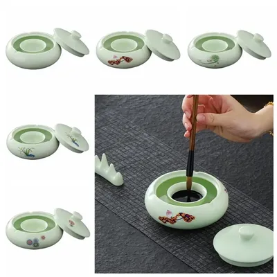 Traditional Calligraphy Inkstone Chinese Style Round Calligraphy Inkwell Dish with Lid Portable