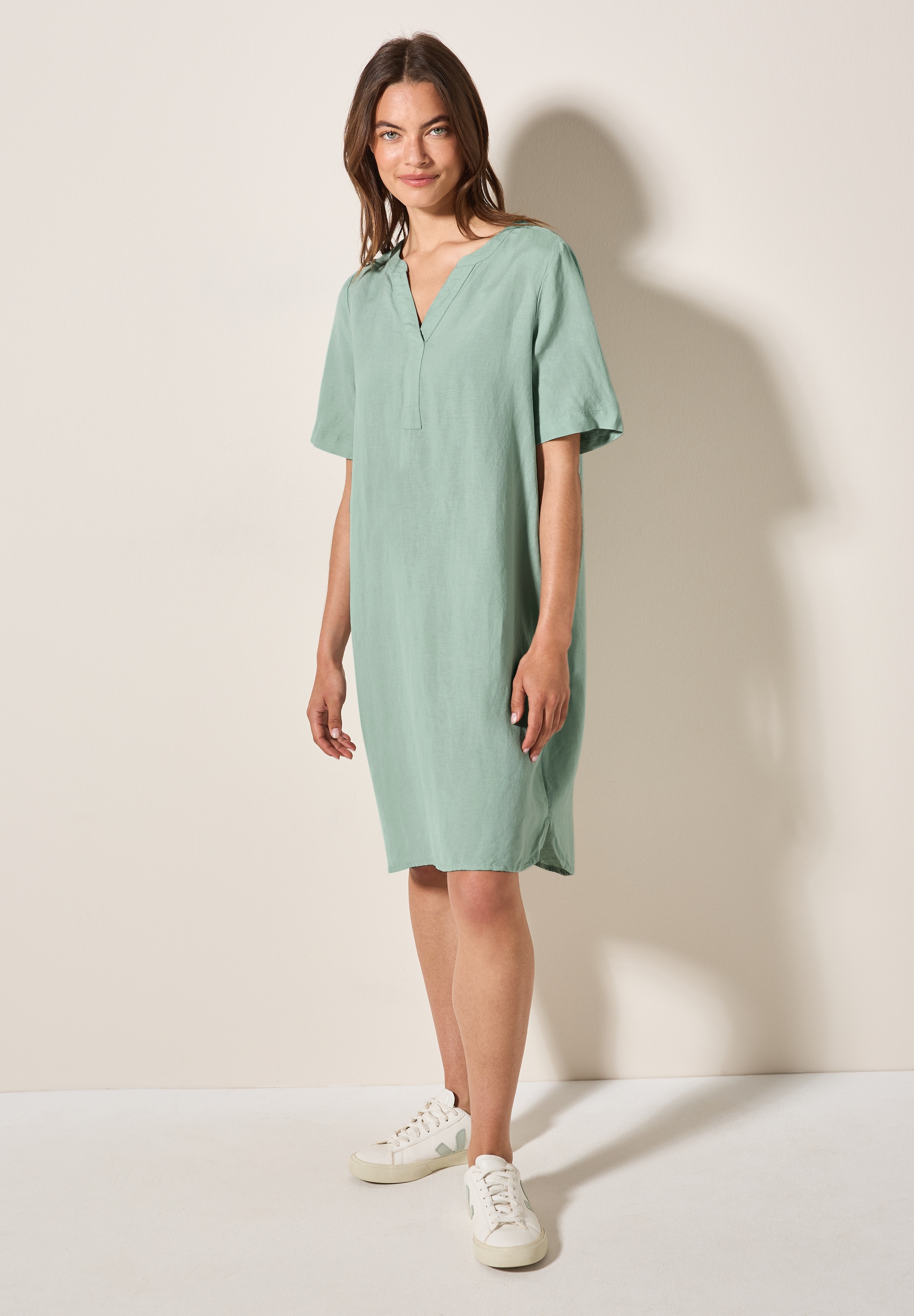 Sommerkleid CECIL, Damen, Gr. XXL (46), US-Größen, grün (ice sage grün), Stoff, 55% Leinen, 45% Viskose, unifarben, comfort fit knielang, Rundhals, Bündchen, Kleider Sommerkleid