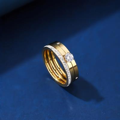 TEMU 3pcs Elegant 18k Golden Plated Stainless Steel Ring Set, Synthetic Zirconia Inlay, Stackable Band For Women, Wedding & Mardi Gras Day Celebrations Image