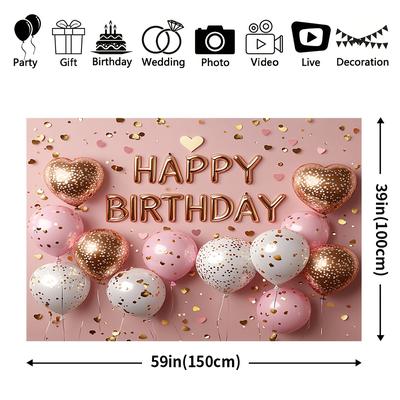 TEMU 1pc Pink Birthday Banner - & Reusable Polyester Backdrop With Golden Glitter Accents For Girls' Birthday Parties & Celebrations, Birthday Gifts For Girls, Home Decor, Festivals & Events Image