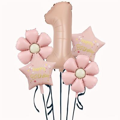 TEMU 5pcs Pink Series Aluminum Foil Number Birthday Balloons, Matte Daisy Balloons In Light Pink For Anniversary, Birthday, Wedding, Christmas Party Decorations Image