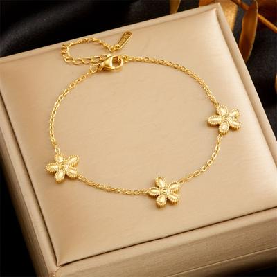 TEMU 1pc Stainless Steel Retro Bracelet For Women - Elegant Minimalist Adjustable Chain Link Jewelry With 3d Floral Design, Durable Everyday & Party Wear, Birthday Gift For Her Image