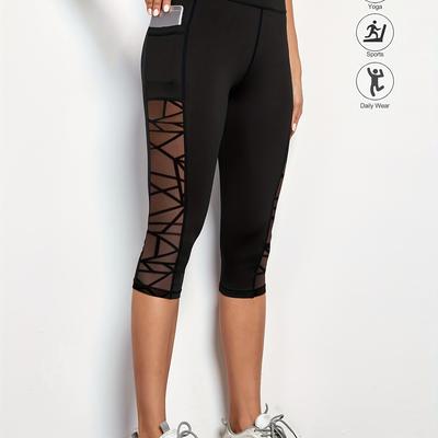 TEMU Women's High-waisted Geometric Pants - Black, Breathable, Quick-dry Running Tights For Fitness & Outdoor Workouts, Three-quarter Length, Pocketed, , Fitness Gear|modern Activewear|stretchy Fabric Image