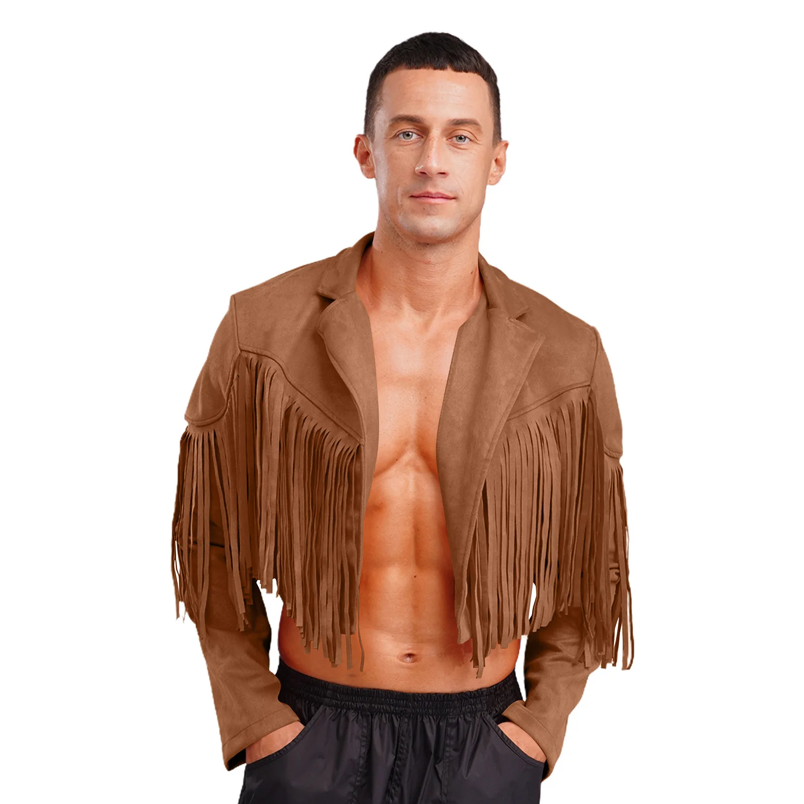 Herren-Jacken aus Wildlederimitat mit Fransen, kurz geschnitten, Revers, lange Ärmel, vorne offen, Strickjacke, 80er-Jahre, Hippie, Western-Cowboy, Karneval, Party-Kostüm