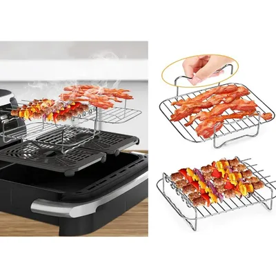 Rectangle Dual Basket Air Fryer Accessories Double Layer Grill Skewer Rack For Ninja DZ201 DZ401 DZ550 Roasting Cooking