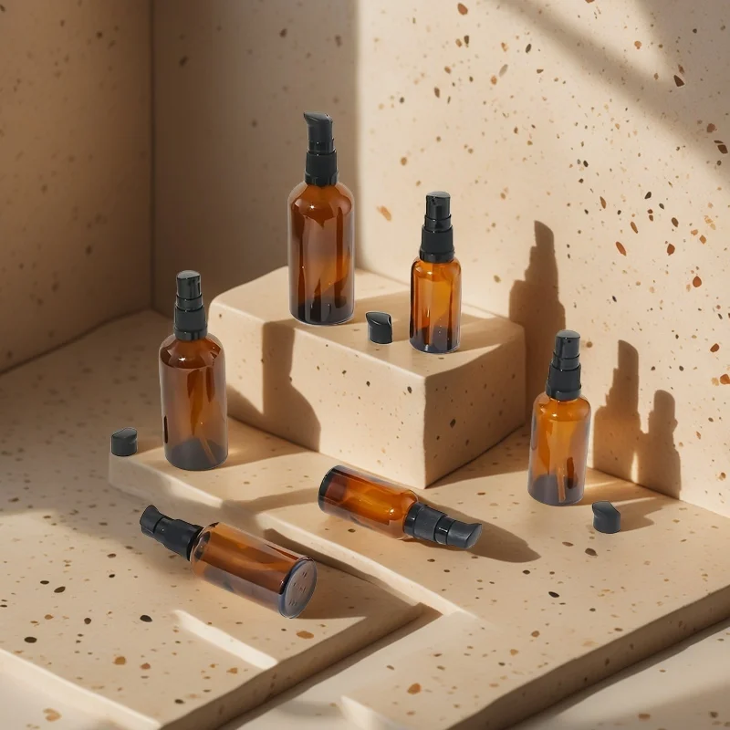 1 Stück, 2 Stück oder 5 Stück, 30 ml, luftnachfüllbar, bernsteinfarbenes Glas, Lotionspumpe, Quetschflasche, Seifenspender, Behälter, Glas, Foundation, Creme, Reinigungsöl, Shampoo, Reisezubehör Image