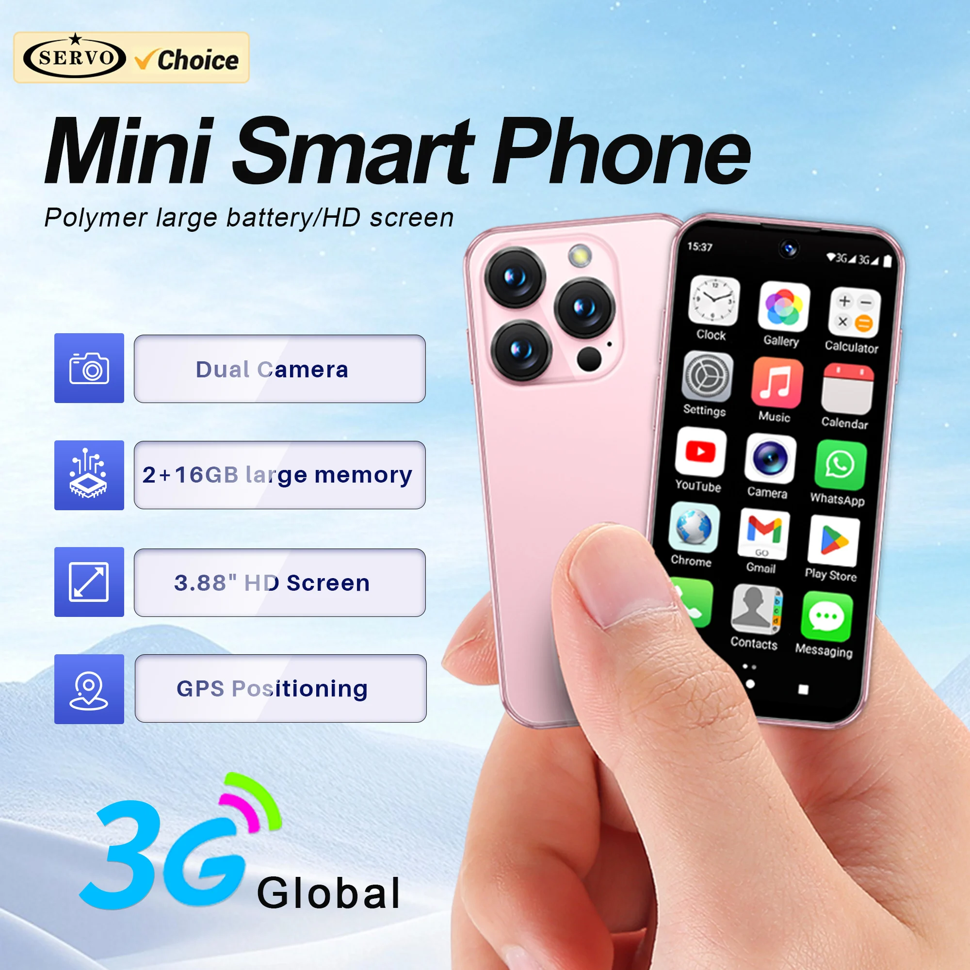 Official SERVO 19E Android Tiny Smartphone 2 SIM Cards 3G Network 16GB ROM GPS WiFi Camera 3.88