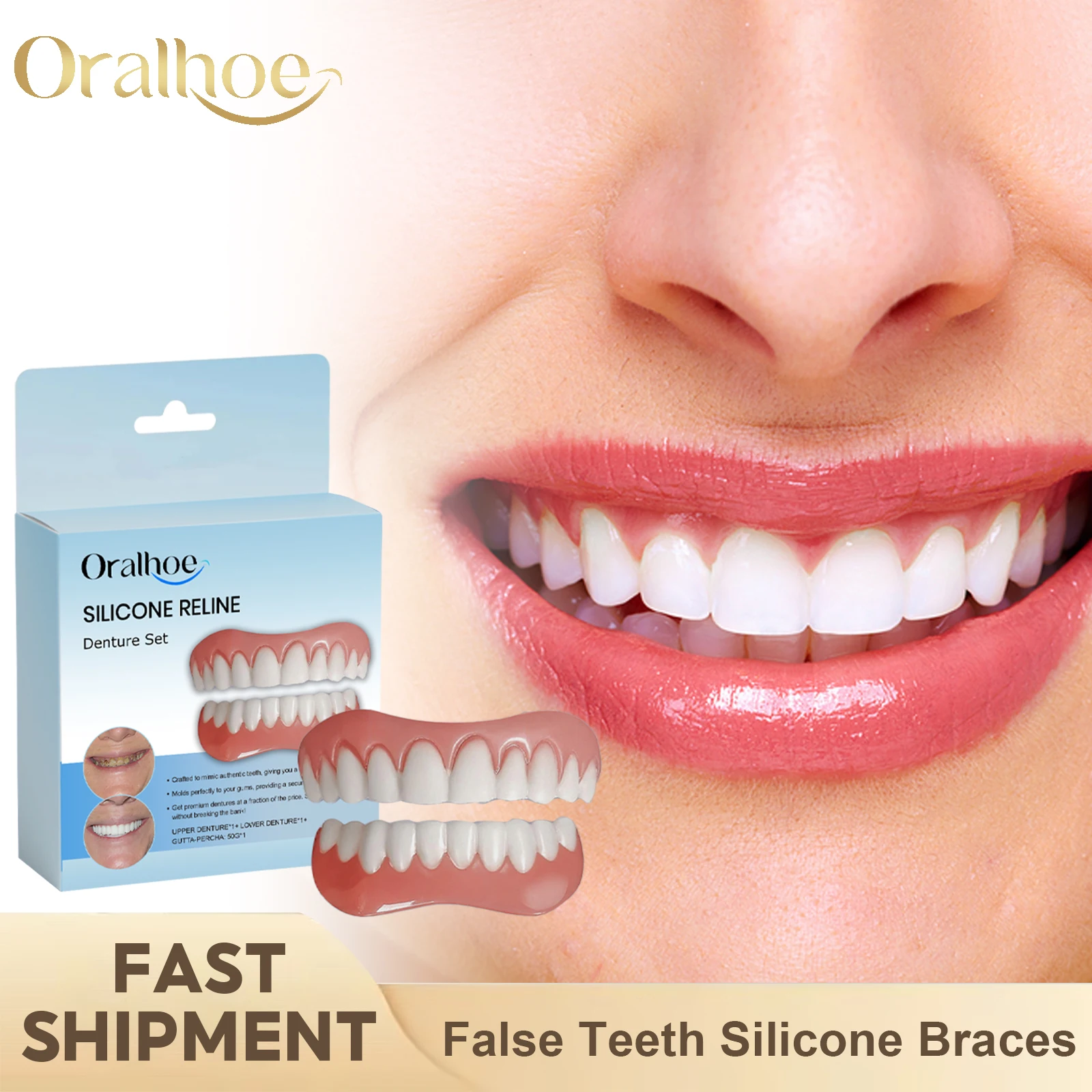 Oberes unteres Veneers, Zahnersatz-Set, Silikon, Reline falsche Zähne, temporäre Zähne, kieferorthopädische Lächeln-Korrektur, Aufhellung, Zahnersatz Image