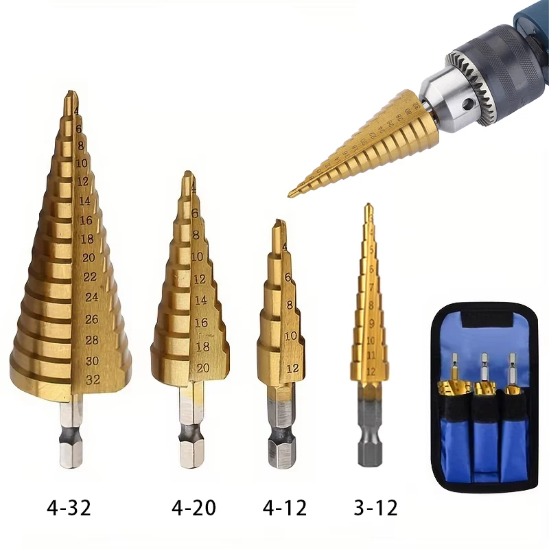3 stücke Schritt Bohrer Set Metall Holzbearbeitung Reibahle Schritt Bohrer Titan Beschichtet Holz Metall Loch Cutter Core Kegel Bohren Werkzeuge set Image