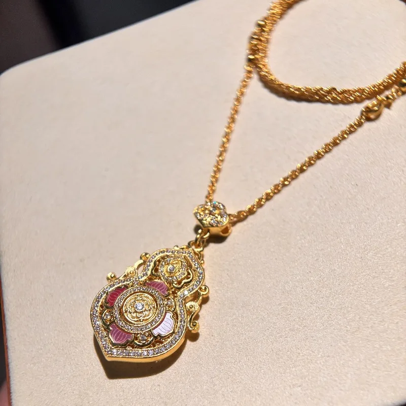 Vintage Ruyi Schnalle Kürbis Anhänger Halskette Diamant Inlay Gericht Stil Lotusblume Rosa Kragen Kette Hochzeit edlen Schmuck