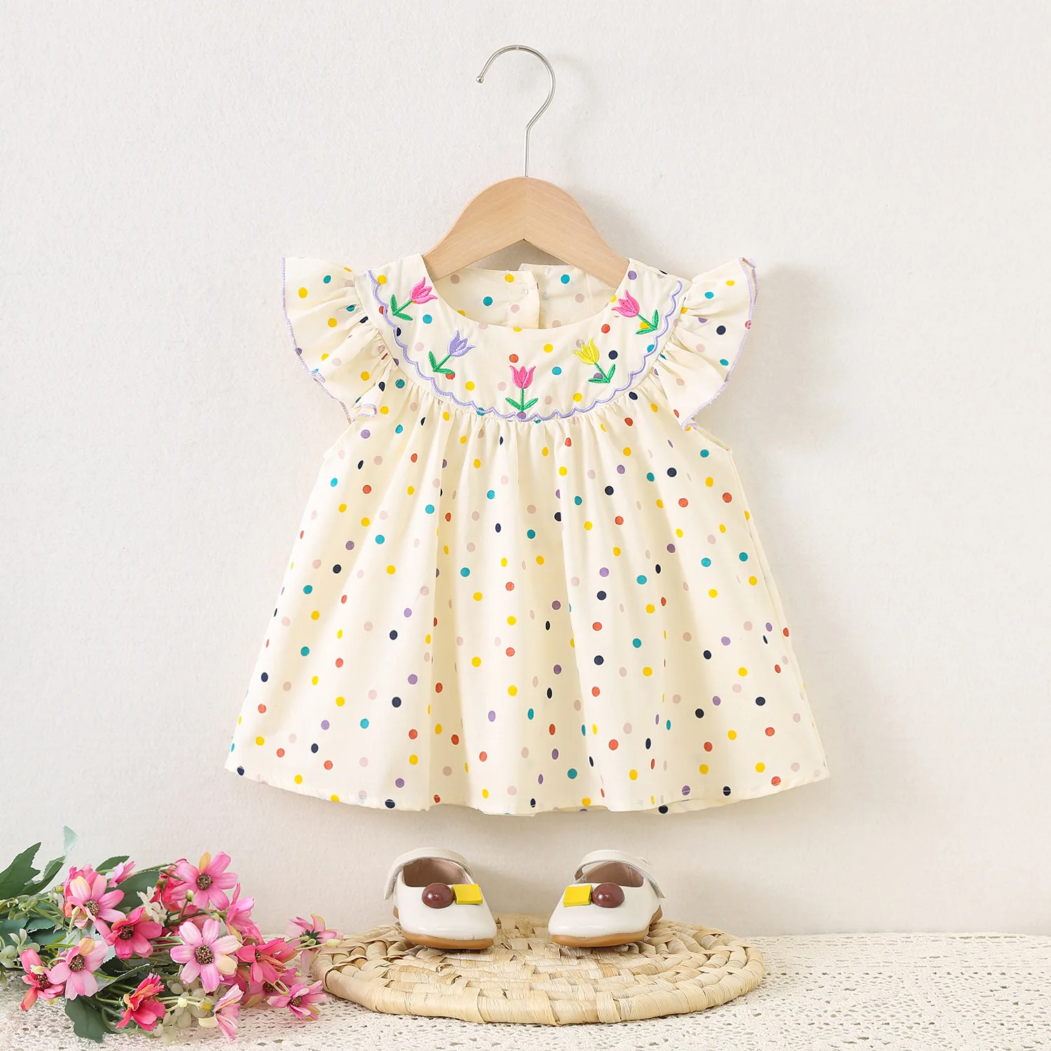 Baby Mädchen Kleid Sommer Floral Stickerei Polka Dot Mädchen Kleid Nette Baumwolle Mädchen Strand Kleid Baby Kleidung Mädchen ﻿ Image