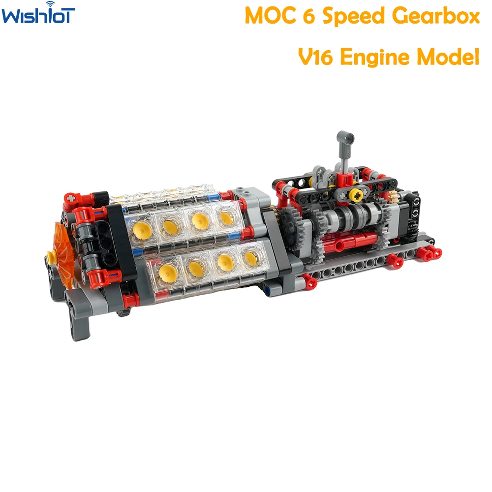 MOC Technisches 6-Gang-Getriebe + V16-Motormodell APP Power Motor M Motor AA-Batteriekasten Bausteine DIY Kreatives elektrisches Spielzeug Image