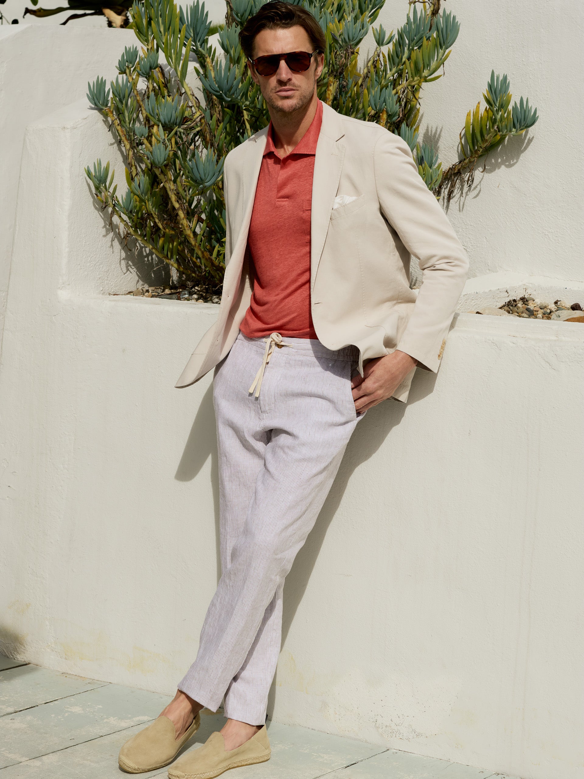 J.McLaughlin Men's Callistair Linen Pants in Hairline Stripe White/Beige, Size Small