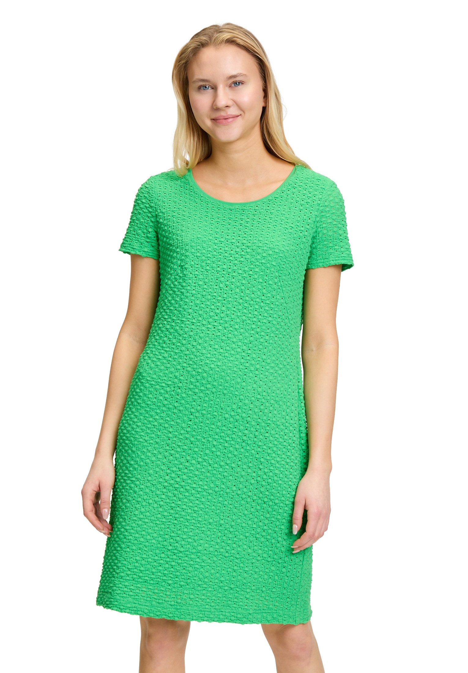 Etuikleid BETTY BARCLAY "Damen mit Rundhalsausschnitt", Damen, Gr. 42, Normalgrößen, grün (island grün), Obermaterial: 50% Polyamid, 48% Baumwolle, 2% Elasthan; Futter: 100% Polyester, figurumspielend kurz, Rundhals, Kleider Etuikleid, Muster