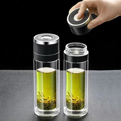 400ML Tea Water Bottle Quick Opening Double Layer Tea Water Cup Leak Proof with Tea Filter Car