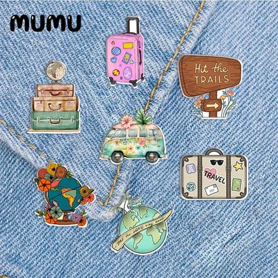 2023 New Travel Hippie Van Lapel Pin Floral Globe Acrylic Brooches Handmade Epoxy Jewelry Shirt Bag