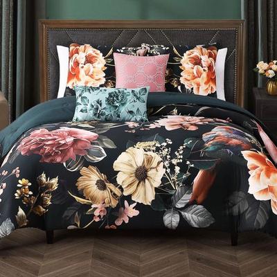 Botanical Birds Comforter Bed Set Black, Queen, Black