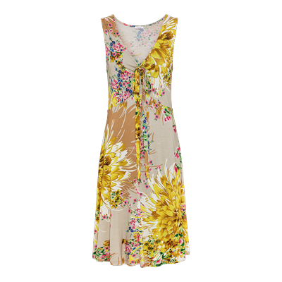 Jerseykleid LASCANA, Damen, Gr. 34, N-Gr, bunt (sand, gelb bedruckt), Jersey, Obermaterial: 100% Viskose, bedruckt, modisch, figurumspielend kniefrei, V-Ausschnitt, ohne Ärmel, Kleider, mit Alloverdruck und Bindeband, Trägerkleid, Strandkleid,... Image