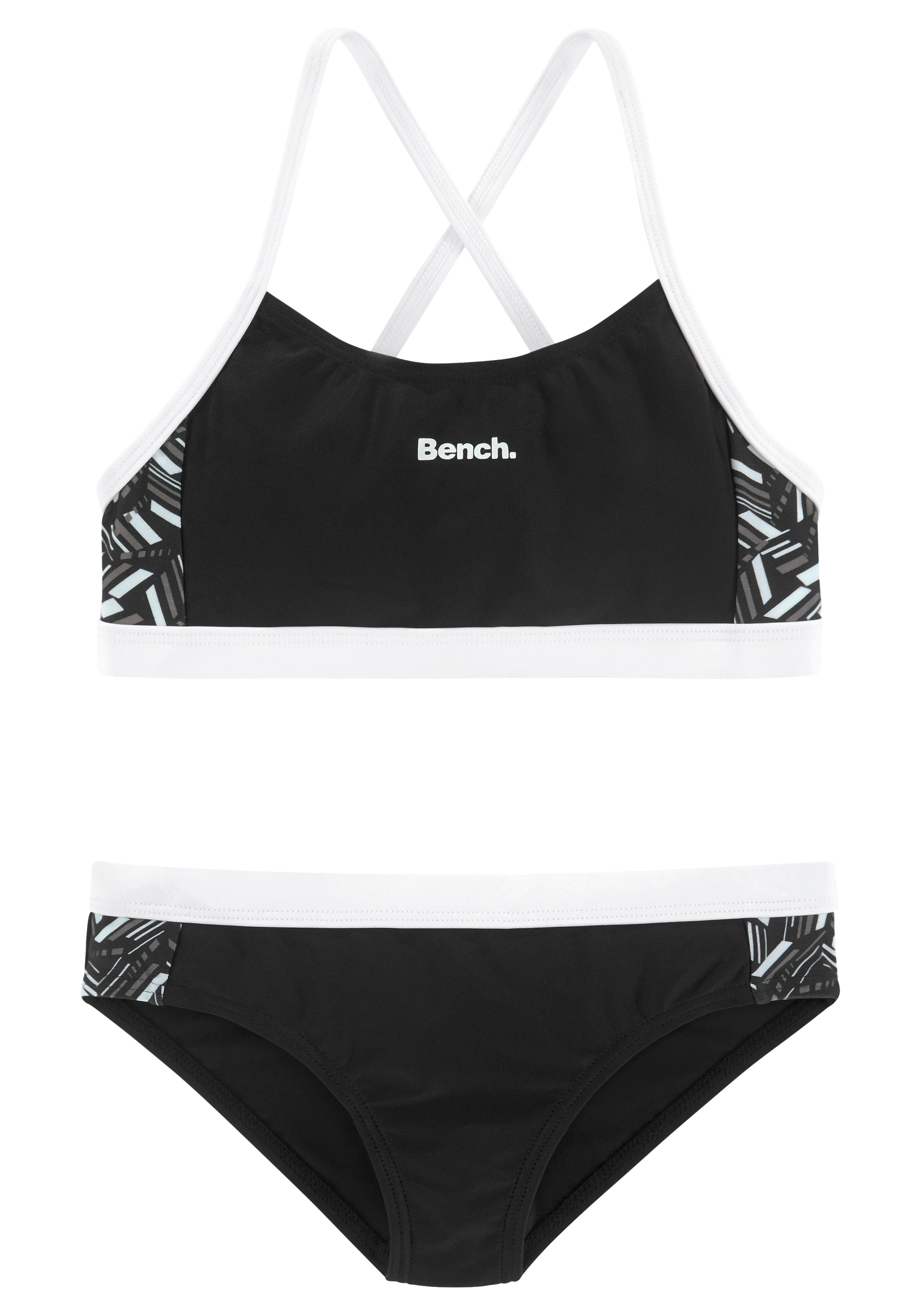 Bustier-Bikini BENCH., Kinder, Gr. 134/140, N-Gr, schwarz-weiß (schwarz, weiß), Polyamid, unifarben mit Farbeinsatz, Bikini-Sets, mit geometrische bedruckten Einsätzen Image