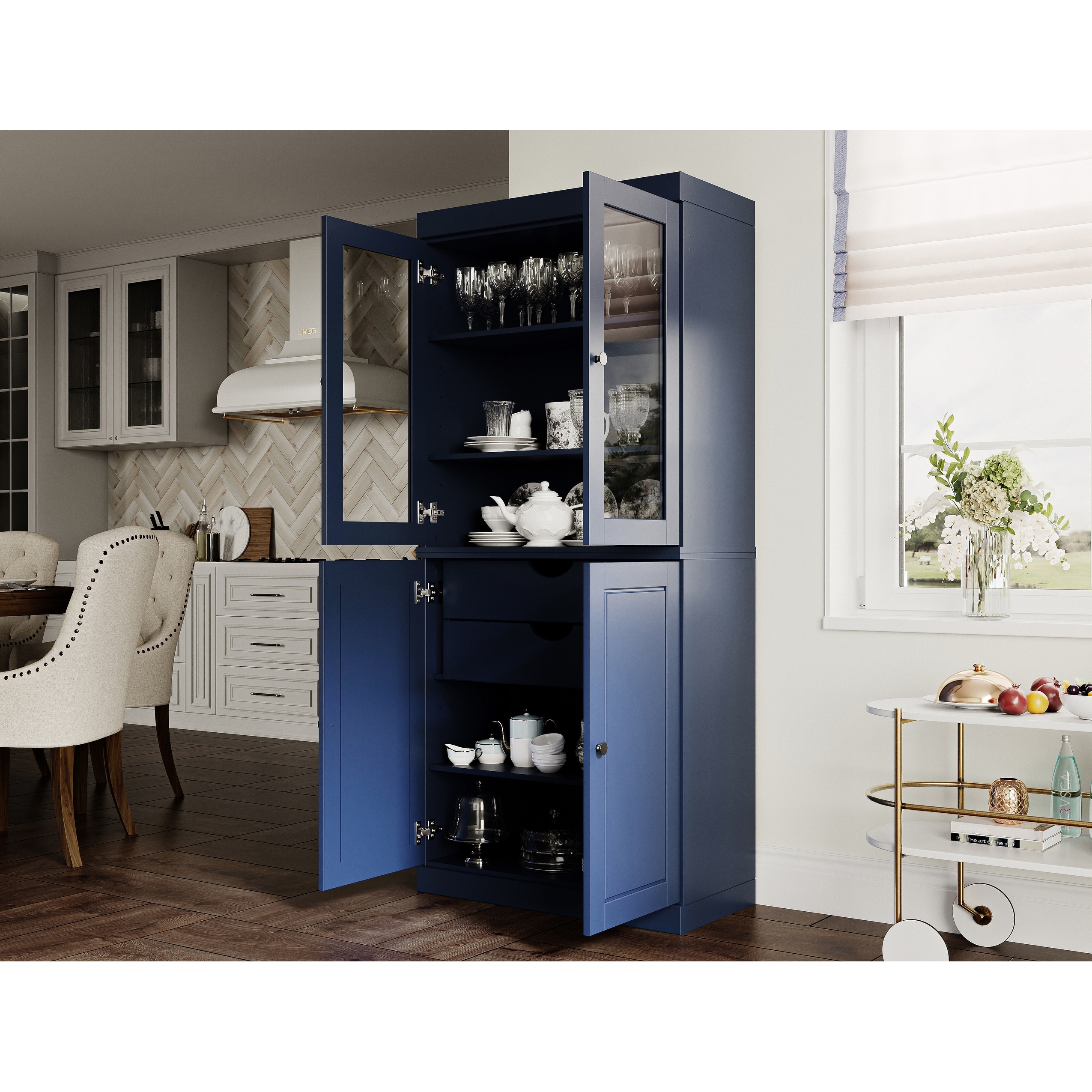 Palace Imports 100% Solid Wood Pantry Cabinet with Frosted, Clear Glass or Solid Doors, 2-Drawers and Adjustable Shelves