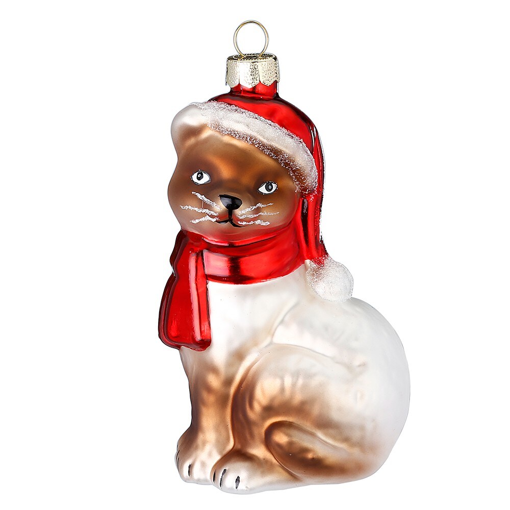 Inges Magic & Goodz Hauskatze Weihnachtsmütze Glas Christbaumschmuck Weihnachtskugeln braun beige Image