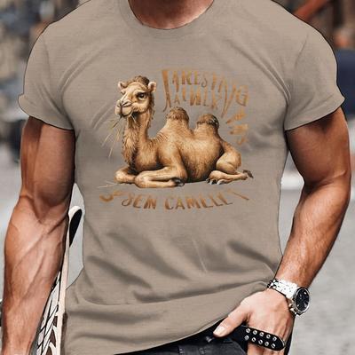 TEMU Men's Casual Camel Print T-shirt - Soft Polyester, Short Sleeve, Crew Neck, Summer Tee Image
