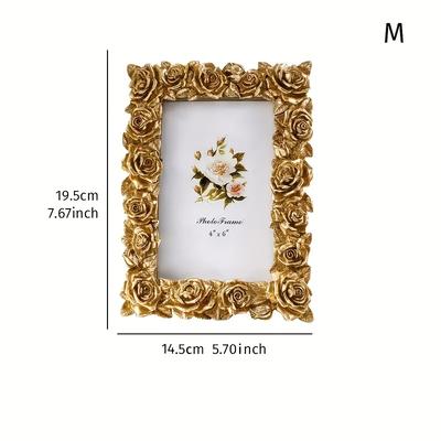 TEMU 1pc Style Embossed Rose Photo Frame, Polished Plastic Tabletop Picture Frame, Lightweight Single Frame With Vertical Orientation, Oblong Shape For Desk Decor Image