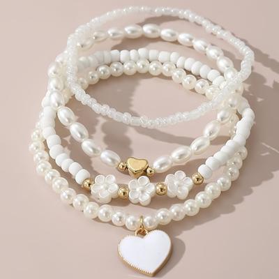TEMU 4pcs Bohemian Style Beaded Anklets Set For Women, Heart Charm Stackable Anklets, Beach Vacation And Valentine's Day Gift Image