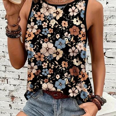 TEMU Women's Sleeveless Floral Print Top - Casual Polyester Knit, Round Neck, Spring/summer Style, Short Sleeve, Floral Pattern, Casual Wear|floral Print Top|polyester Fabric Image