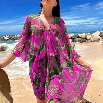 TEMU Women's Tropical Print V-neck Cover Up Dress With Drawstring Front - Lightweight Polyester Blend, Semi-sheer Summer Beach Wrap Skirt In Vibrant Leaf Design Image