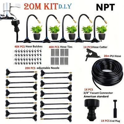 "TEMU 20m Micro Drip Irrigation Kit With Adjustable 7.87" Brass Mist Nozzle - Automatic Watering System For Efficient Balcony & Greenhouse Gardening, Euro-, No Electricity Required" Image