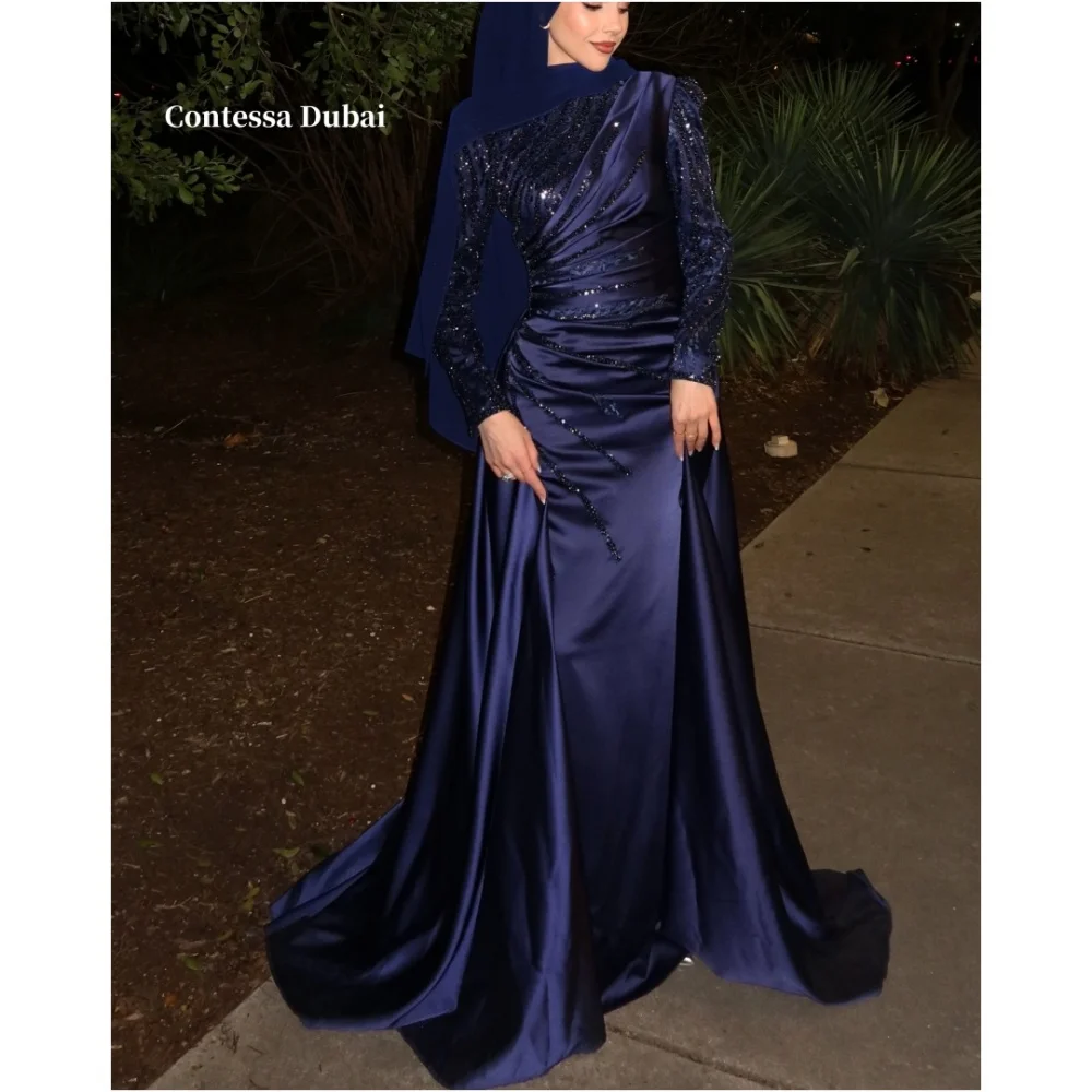Contessa Dubai Atroceruleous Sequins Floral Prom Dresses A-line Customized فساتين سهرة Pleats Floor-Length robes de soirée