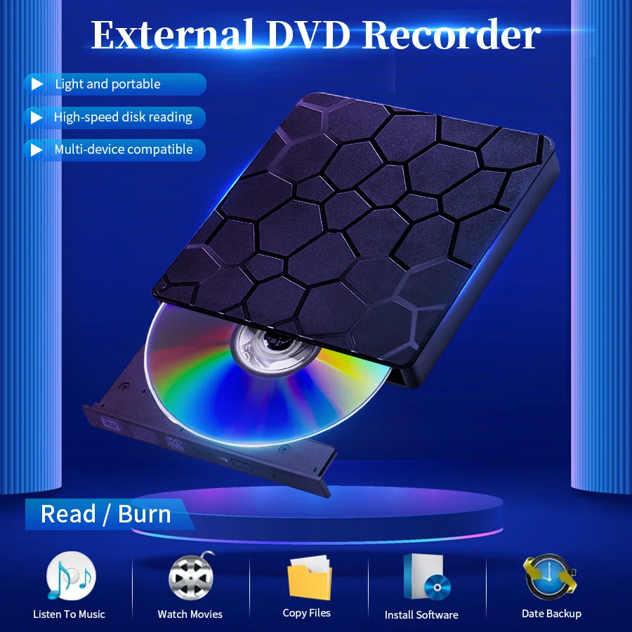 Externer DVD-RW-CD-Brenner, USB 3.0, Typ C, 2-in-1-Slim-Laufwerk, Brenner, Leser, Player, optische Laufwerke für Laptop, PC, Netbook, Desktop Image