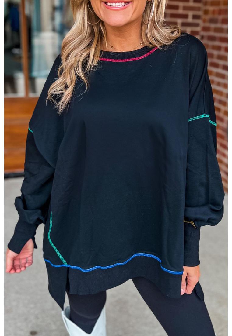 Azura Exchange Schwarzes Sweatshirt mit Kontrastnähten und Split-Design Image