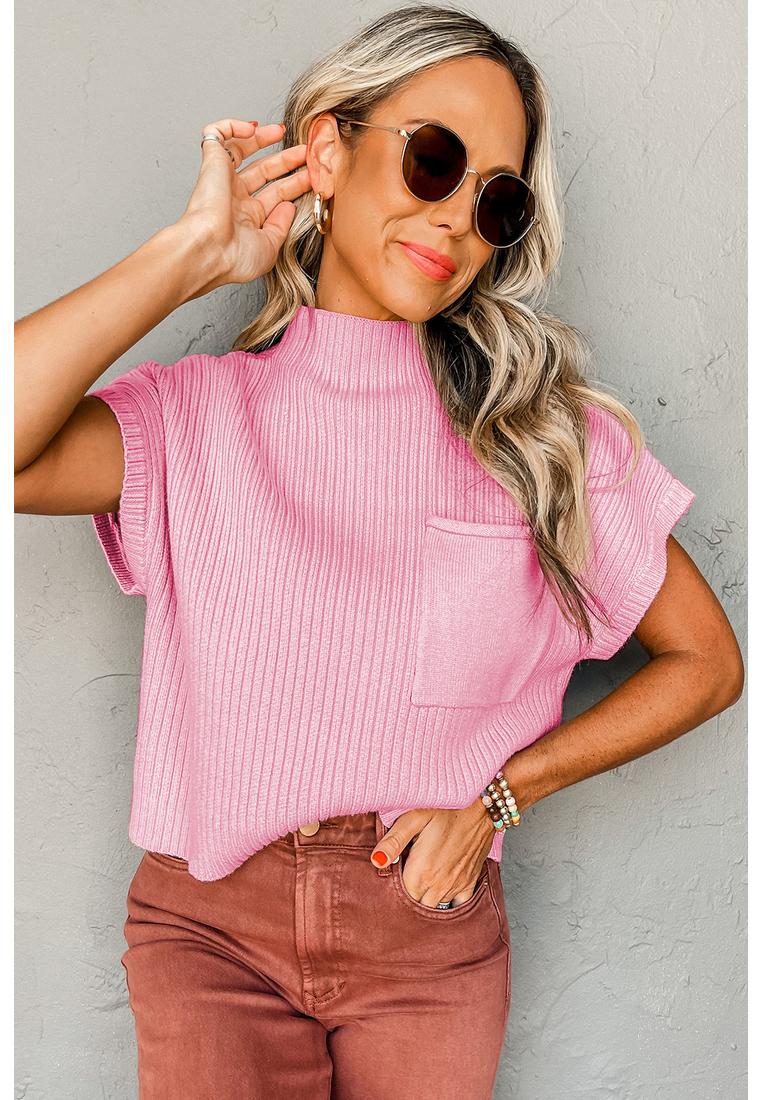 Azura Exchange Pink Patch Pocket Rippstrick Kurzarmpullover Image