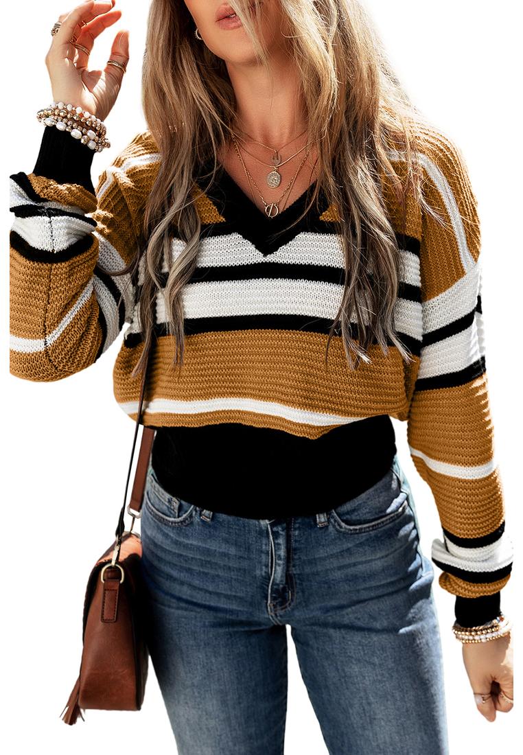 Azura Exchange Brauner Streifen Kontraststreifen V-Ausschnitt Strukturstrickpullover Image