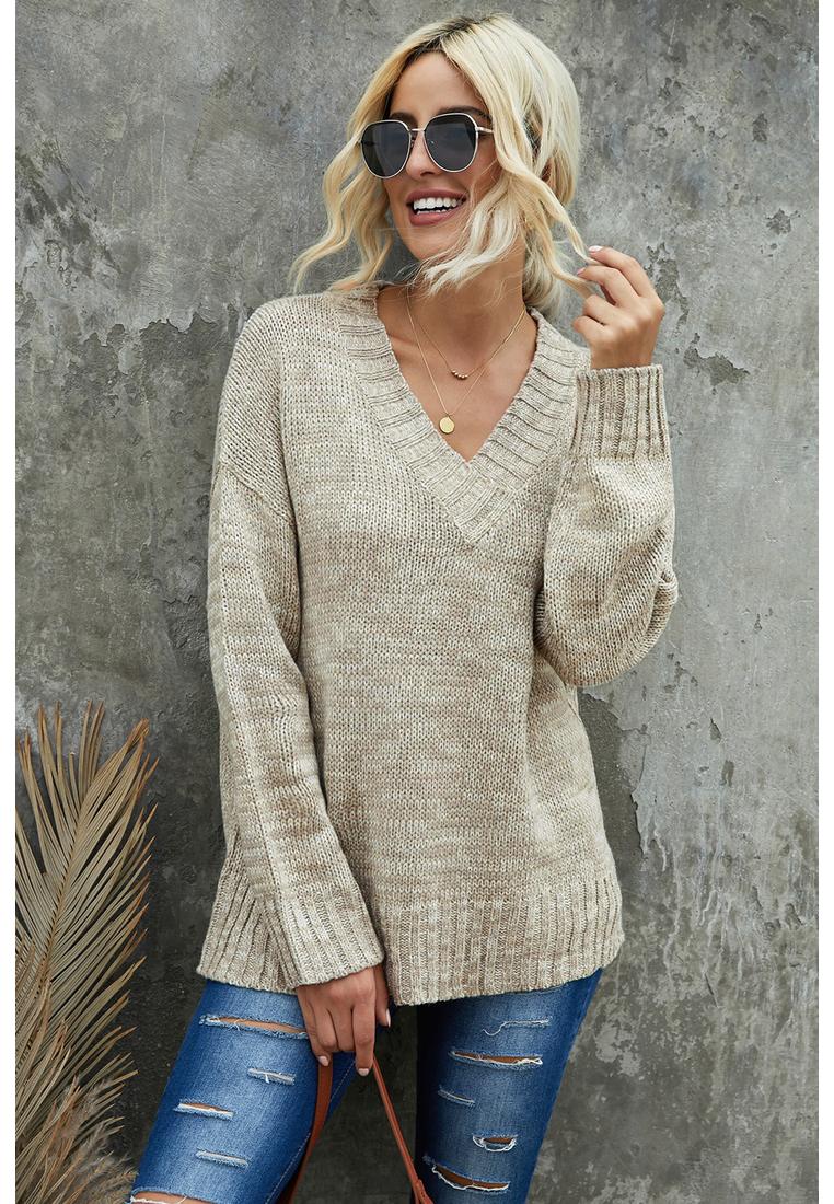Azura Exchange Damen V-Ausschnitt Pullover mit abfallenden Schultern in Khaki Image